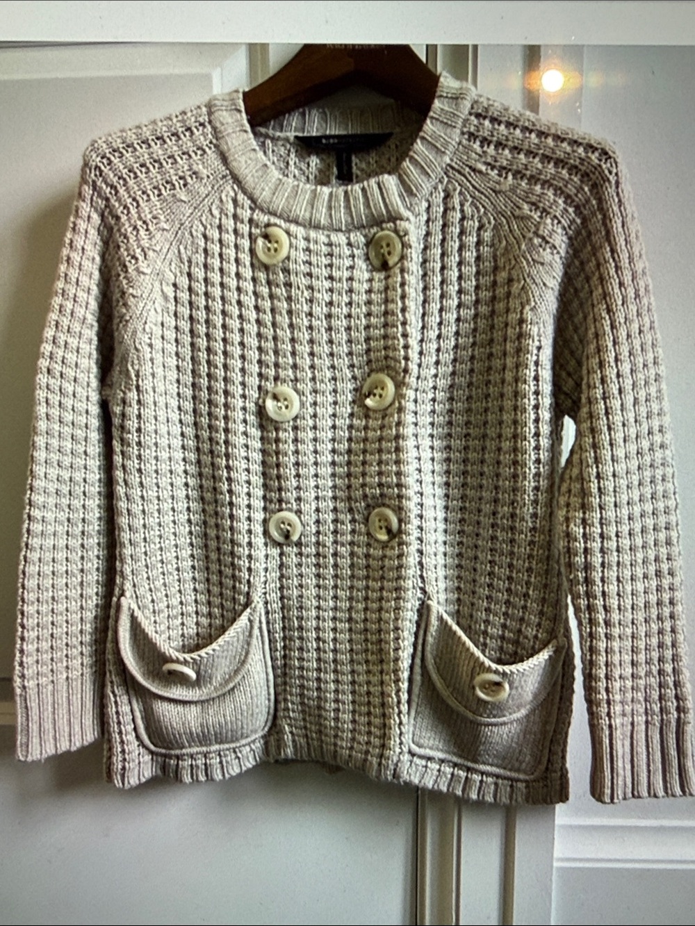 BCBGMaxAzria Cream Double-Breasted Waffle Knit Cardigan